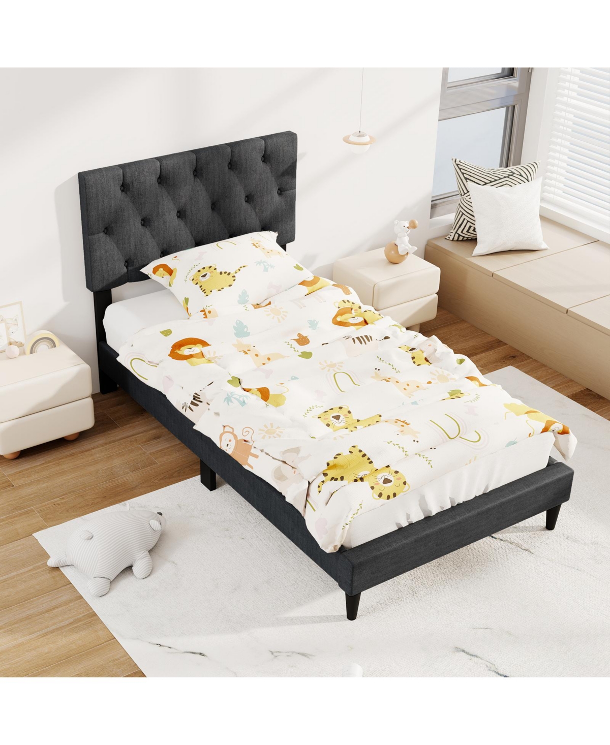 Slickblue Platform Bed Frame with Upholstered Tufted Headboard and Slats