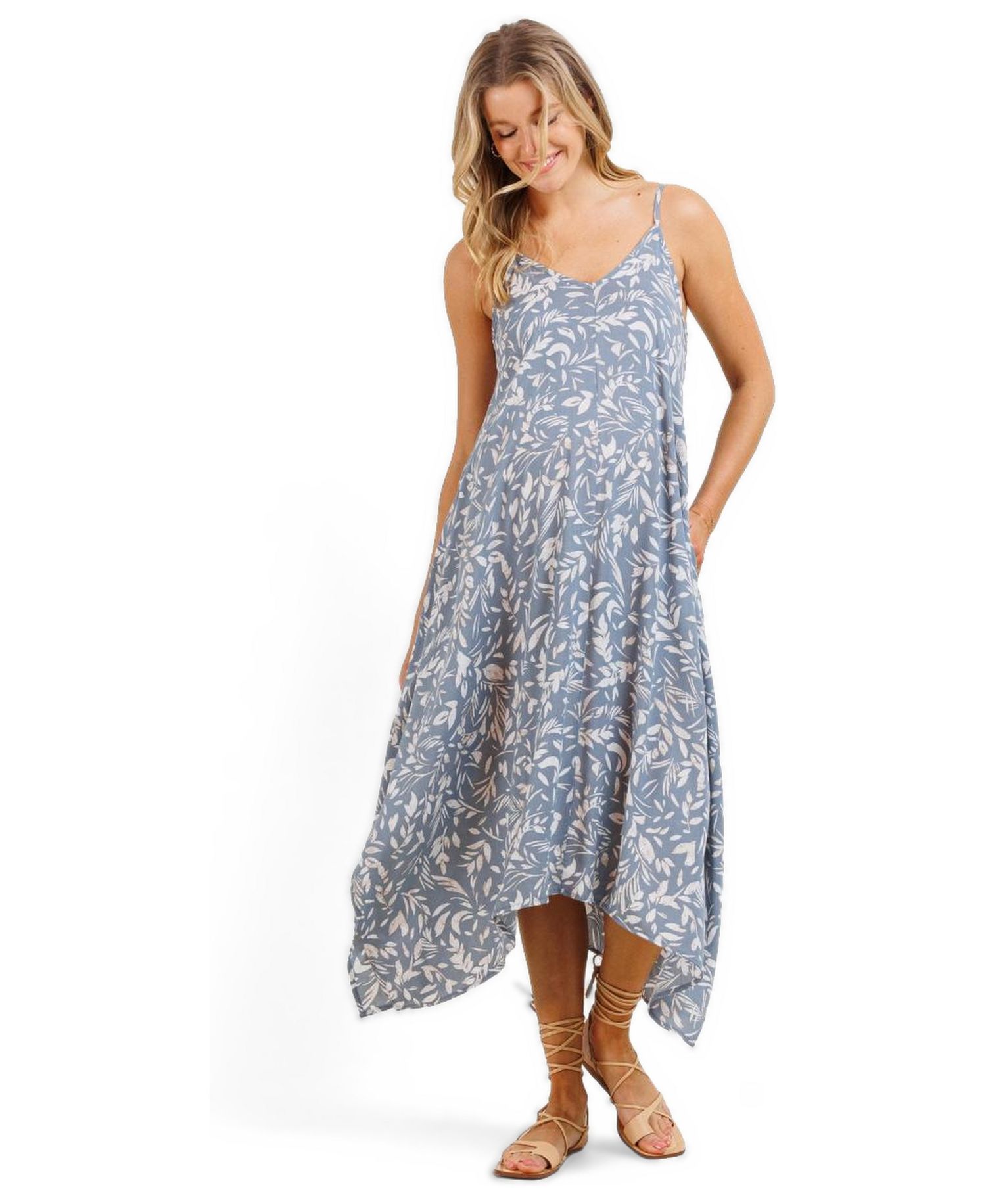 Women's Floral V-Neck Spaghetti Strap Midi Dress with Pockets