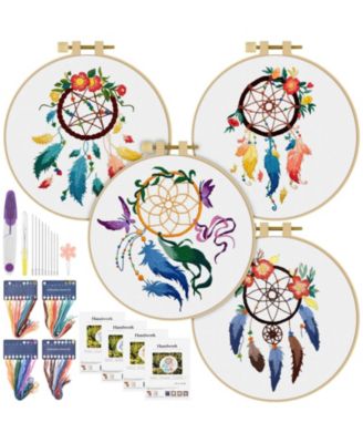 4 Set Embroidery Kit Beginners Feather Wreath Cloth Hoops Threads