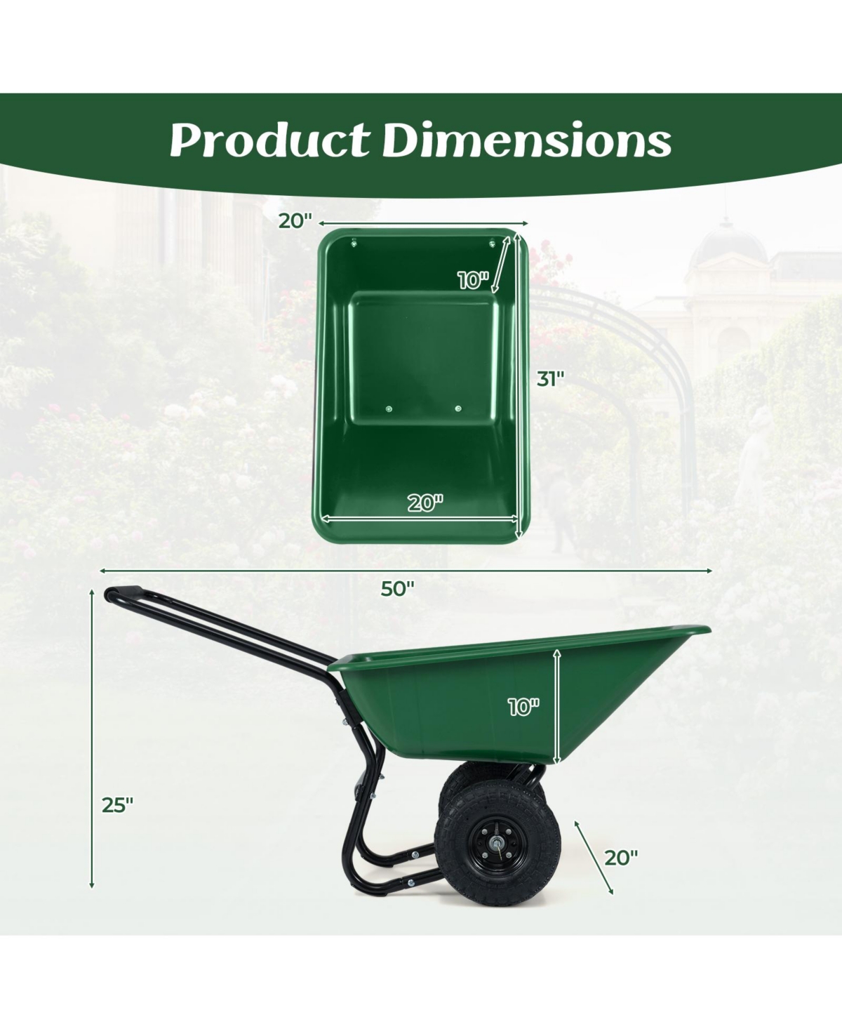 Slickblue Heavy Duty Dual Wheel Wheelbarrow Cart with Air Filled Tires for Garden and Lawn