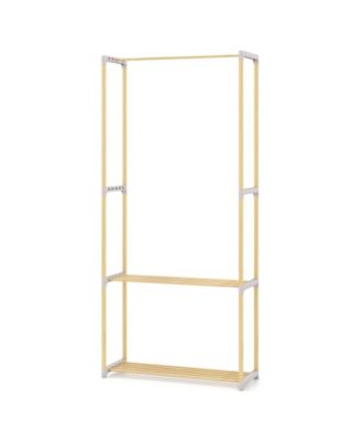 Pine Wood Clothing Rack with Open 2 Tier Shelves and Hanging Bar for Bedroom Storage