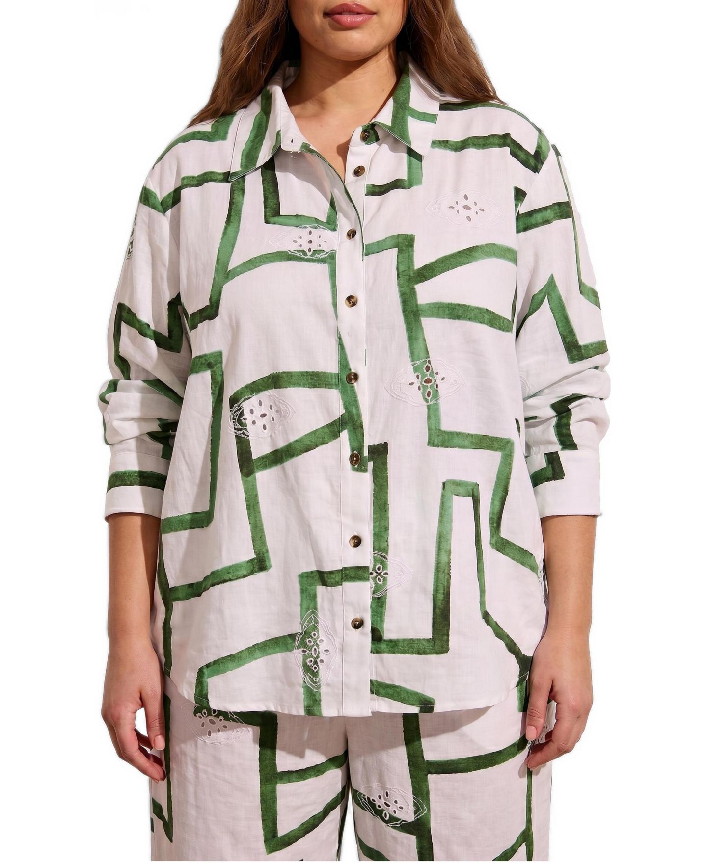 Женский топ Universal Standard Plus Size Dawn Linen Hi Low Tunic, цвет: Зелёный с принтом — фото 1