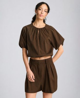 Women's Shirred Crewneck Cropped Bubble Blouse