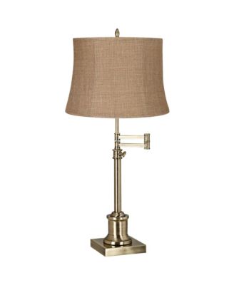 Traditional Swing Arm Desk Table Lamp Adjustable Height 36" Tall Antique Brass Burlap Fabric Drum Shade Living Room