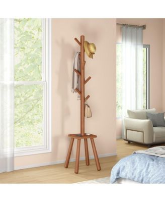 Modern Tall Coat Rack with Hooks and Top Shelf for Entryway