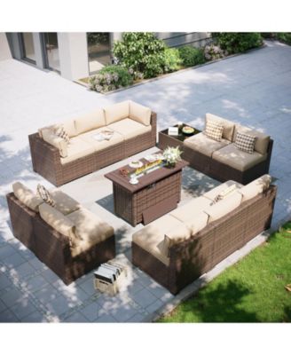 12-Piece Outdoor Brown Wicker Patio Conversation Set with 44" Propane Fire Pit Table and Beige Cushions