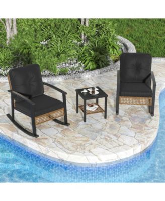 Indoor Outdoor Rocking Chair 3 Piece Set Metal Frame Patio Furniture with Wicker Accent and Side Table.