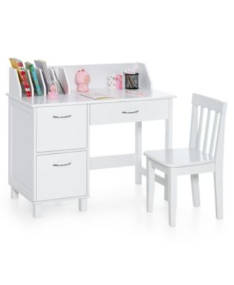 Kids Writing Desk and Chair Set with Storage Drawer and Cabinet for Ages 3