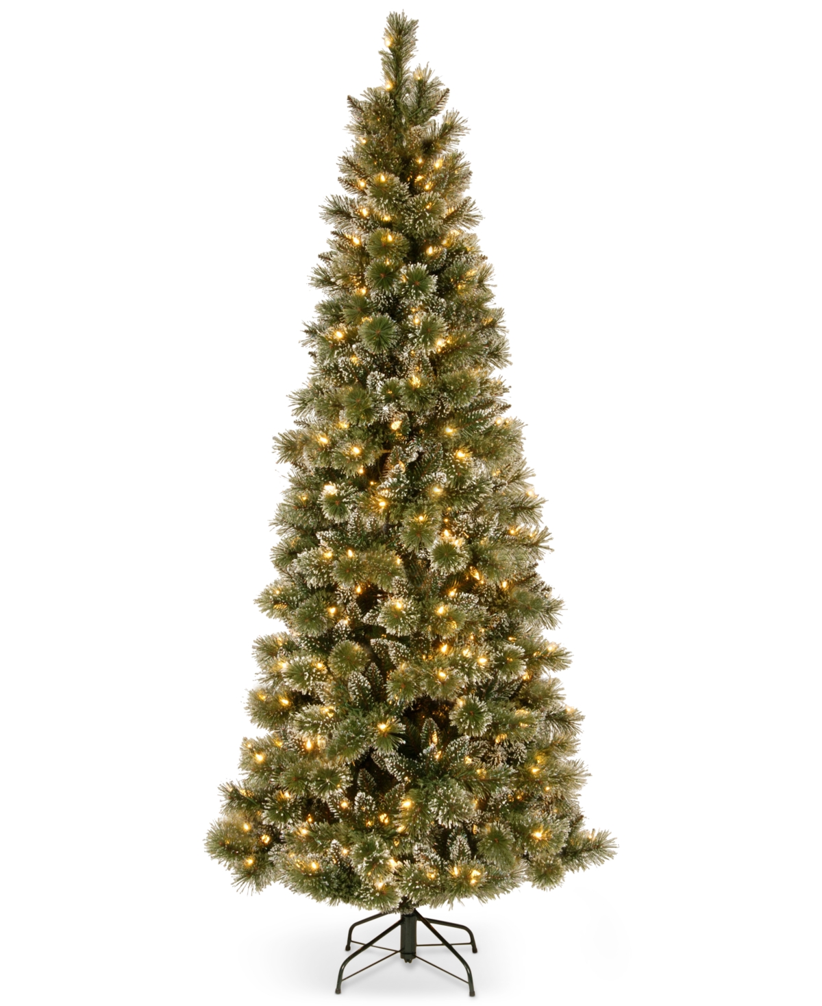 7.5' Glittery Bristle Pine Slim Hinged Christmas Tree with 600 White Led Lights