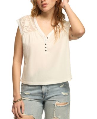 Women's V-Neck Mesh Embroidered Yoke T-Shirt
