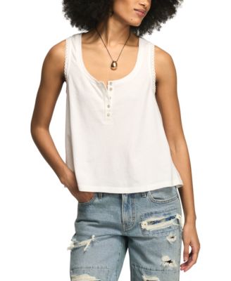 Women's Sleeveless Crochet Trim Henley Tank Top