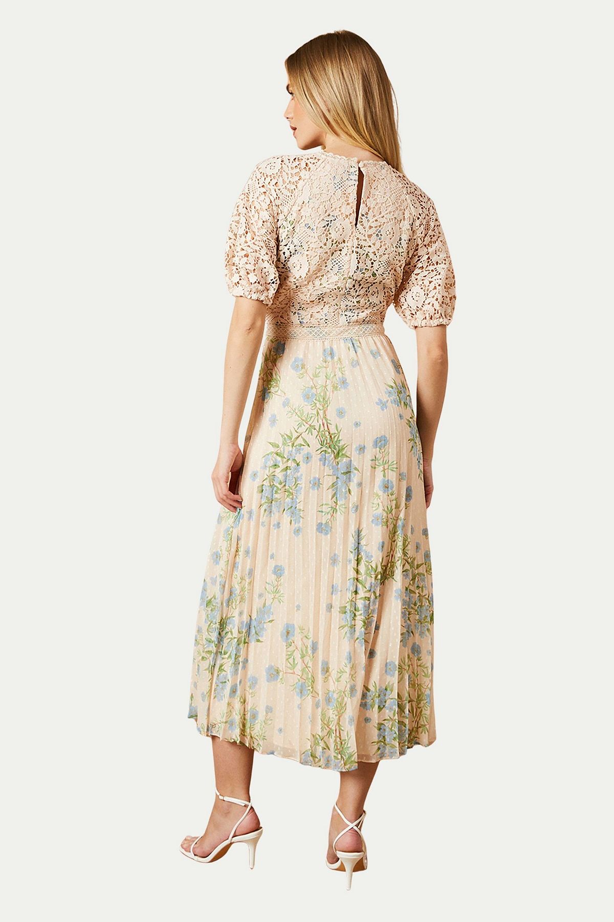 Oasis Women's Floral Lace Bodice Pleated Midi Dress view 3 — MAYCSS fashion products