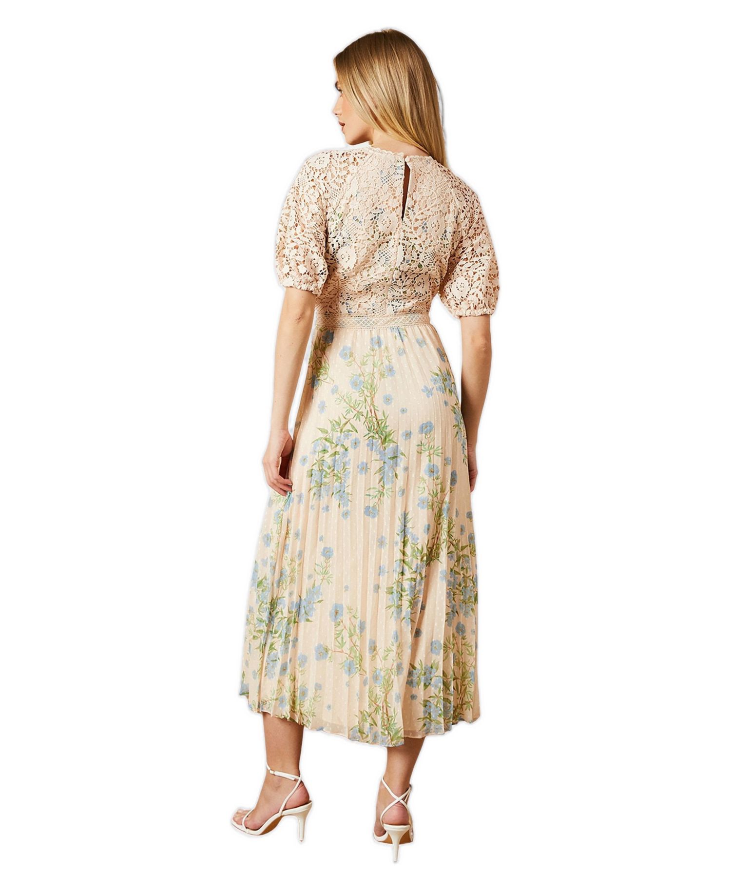 Women's Floral Lace Bodice Pleated Midi Dress
