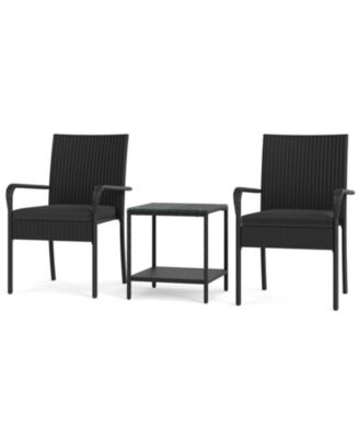 3-Piece PE Rattan Patio Chair Set with 2-Tier Side Table and Cushions