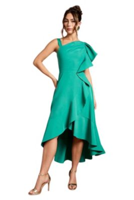 Women's One Shoulder Crepe Ruffle Midi Dress