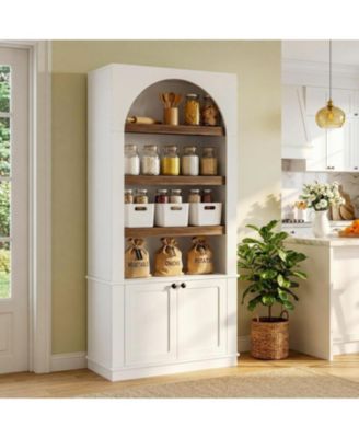 71'' Tall Bookcase with Doors, 6-Tier Modern Arched Bookshelf, Freestanding Wooden Storage Cabinet