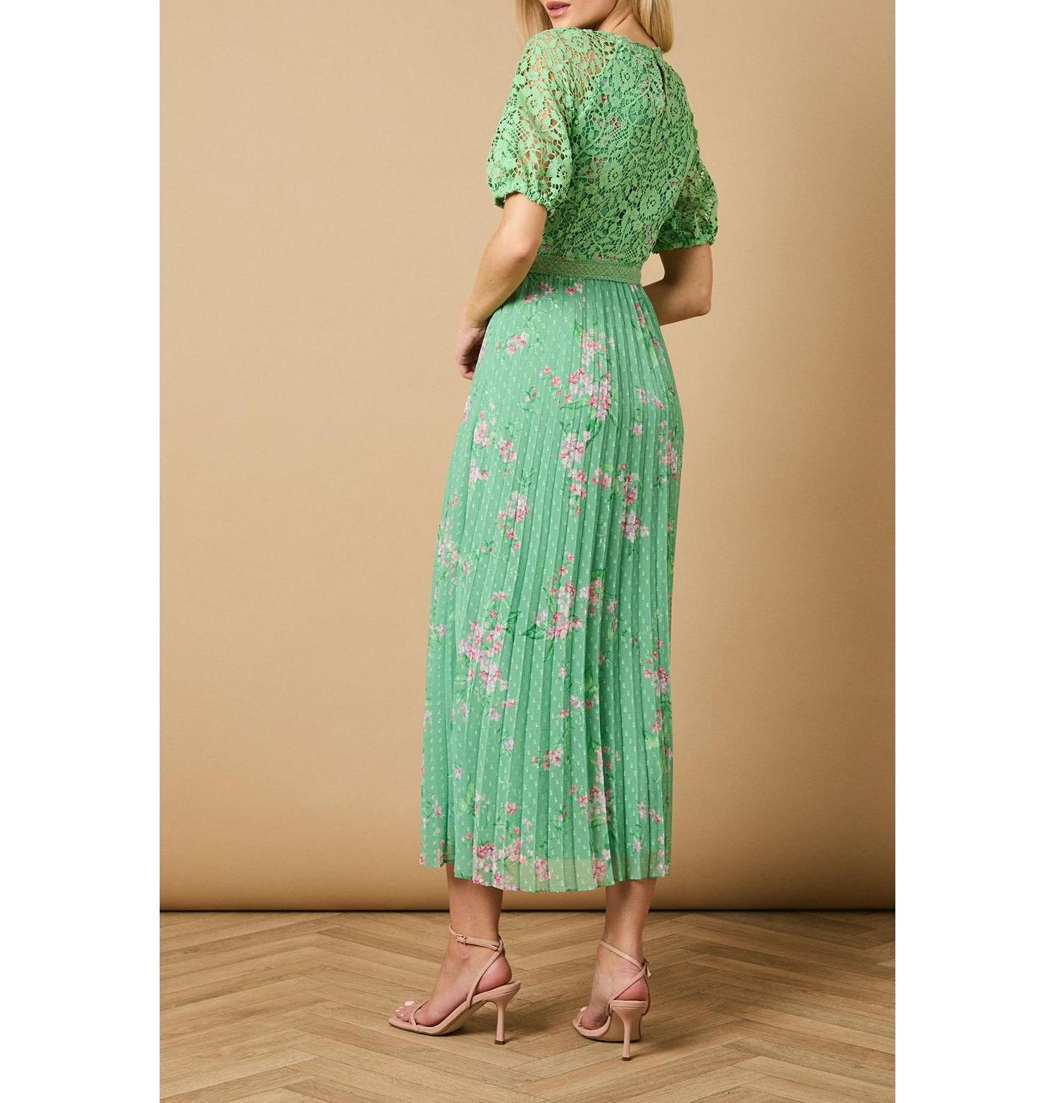 Women's Floral Lace Bodice Pleated Midi Dress