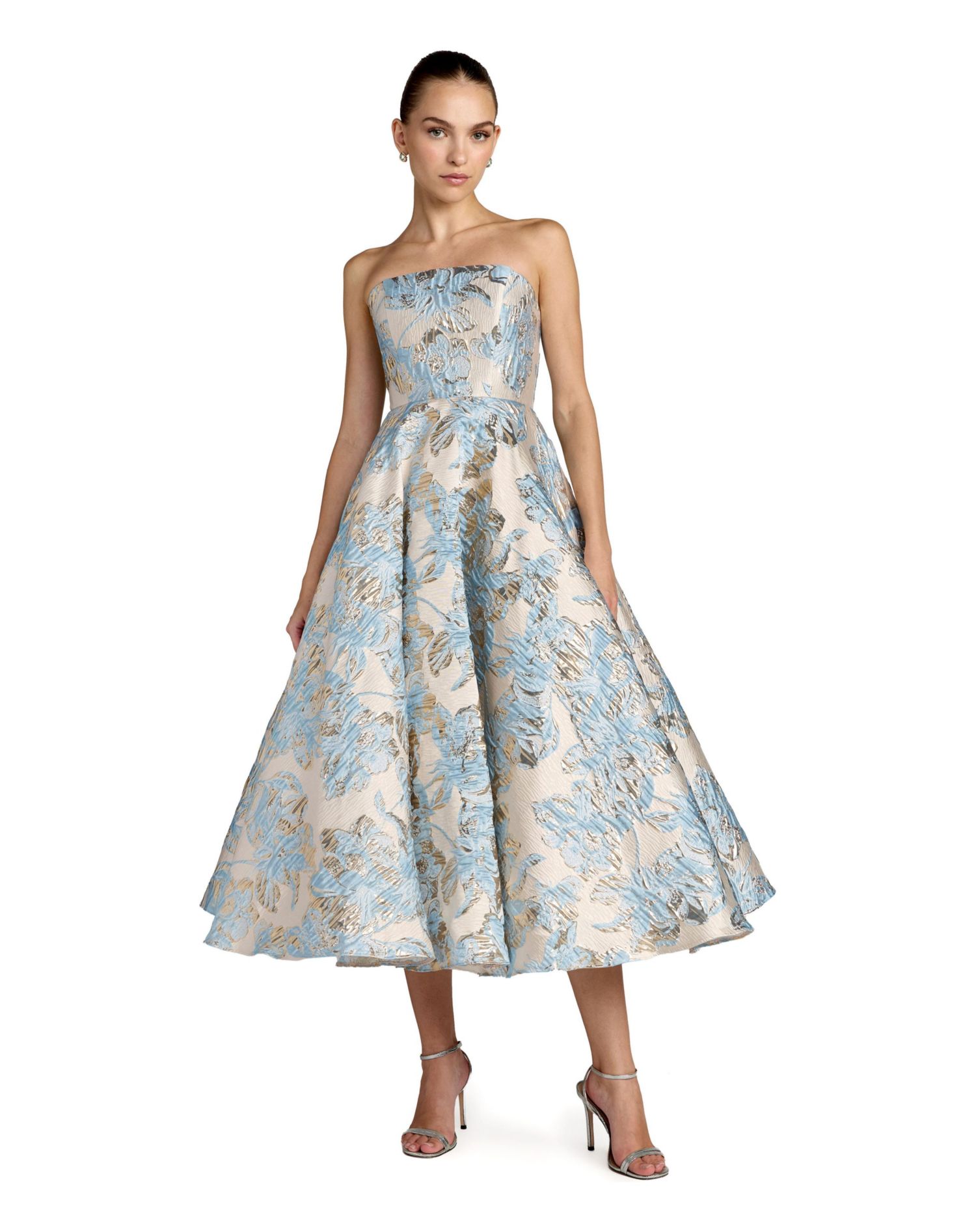 Women's Strapless Brocade A-line Midi Dress With Pockets