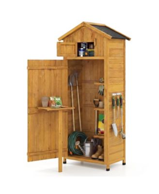 70 in. Tall Fir Wood Garden Tool Storage Cabinet with Lockable Doors and Foldable Table