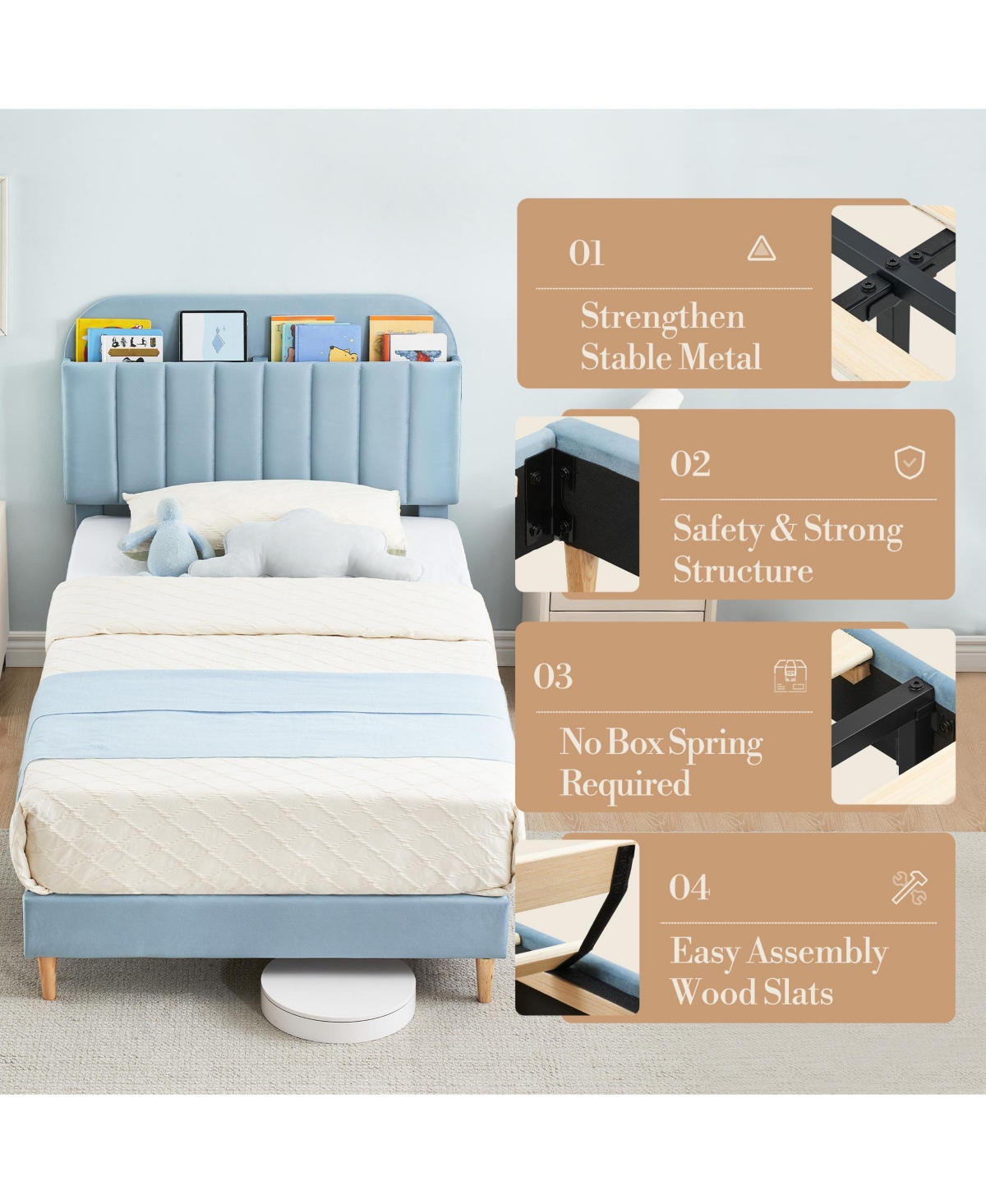 homfan Upholstered Bed Frame with Bookcase Headboard, Storage Cubbies and Wooden Slats Support