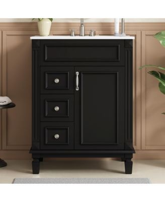 Bathroom Vanity with Ceramic Sink, 2 Drawers and Adjustable Shelf, Modern French Freestanding Cabinet for Small Spaces
