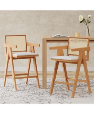 27" Woven Cane Plastic Back Bar Stool, Rubberwood Frame