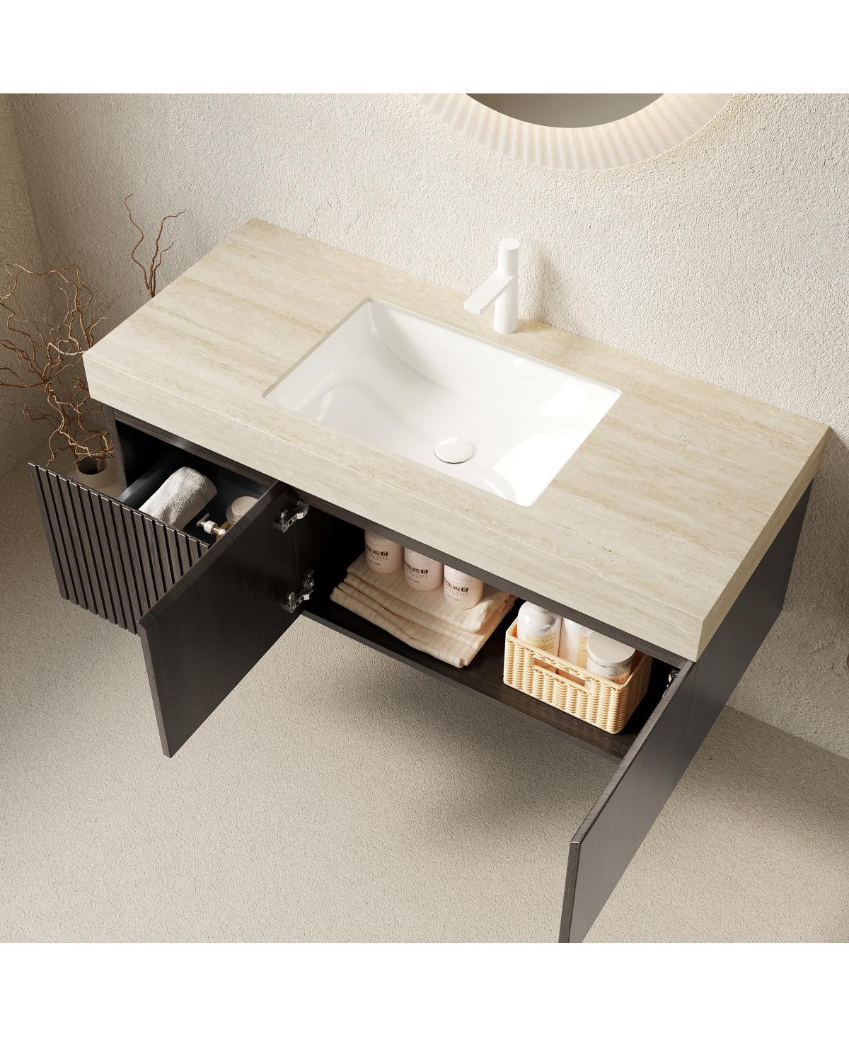Sillysis Floating Bathroom Vanity with Roma Travertine Sintered Stone Top, Ceramic Sink, Soft Close Storage