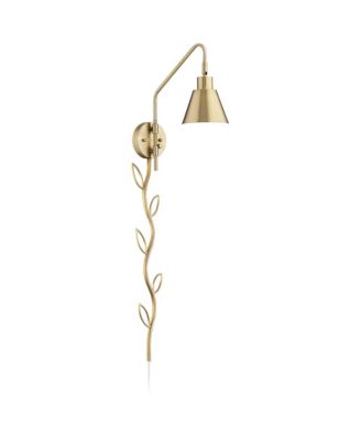 Marybel Modern Swing Arm Wall Lamp with Cord Cover Brass Gold Plug-in Light Fixture Tapered Metal Shade for Bedroom Bedside Living Room