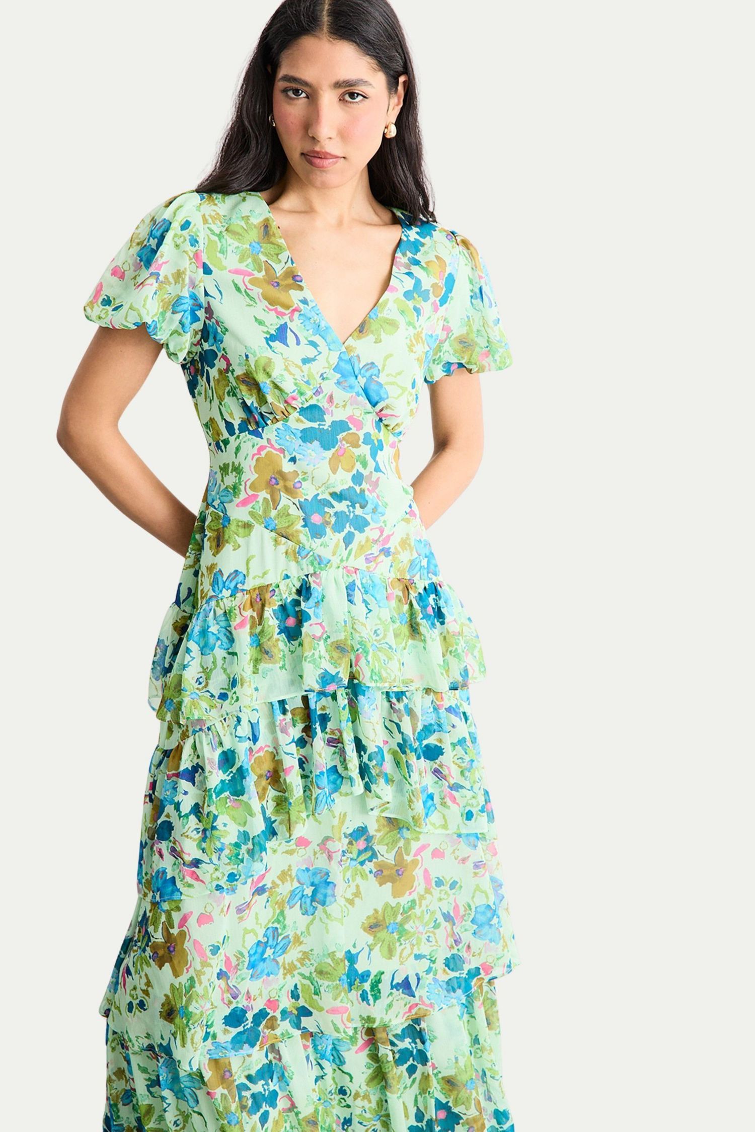 Women's Waist Puff Sleeve Tiered Midi Dress