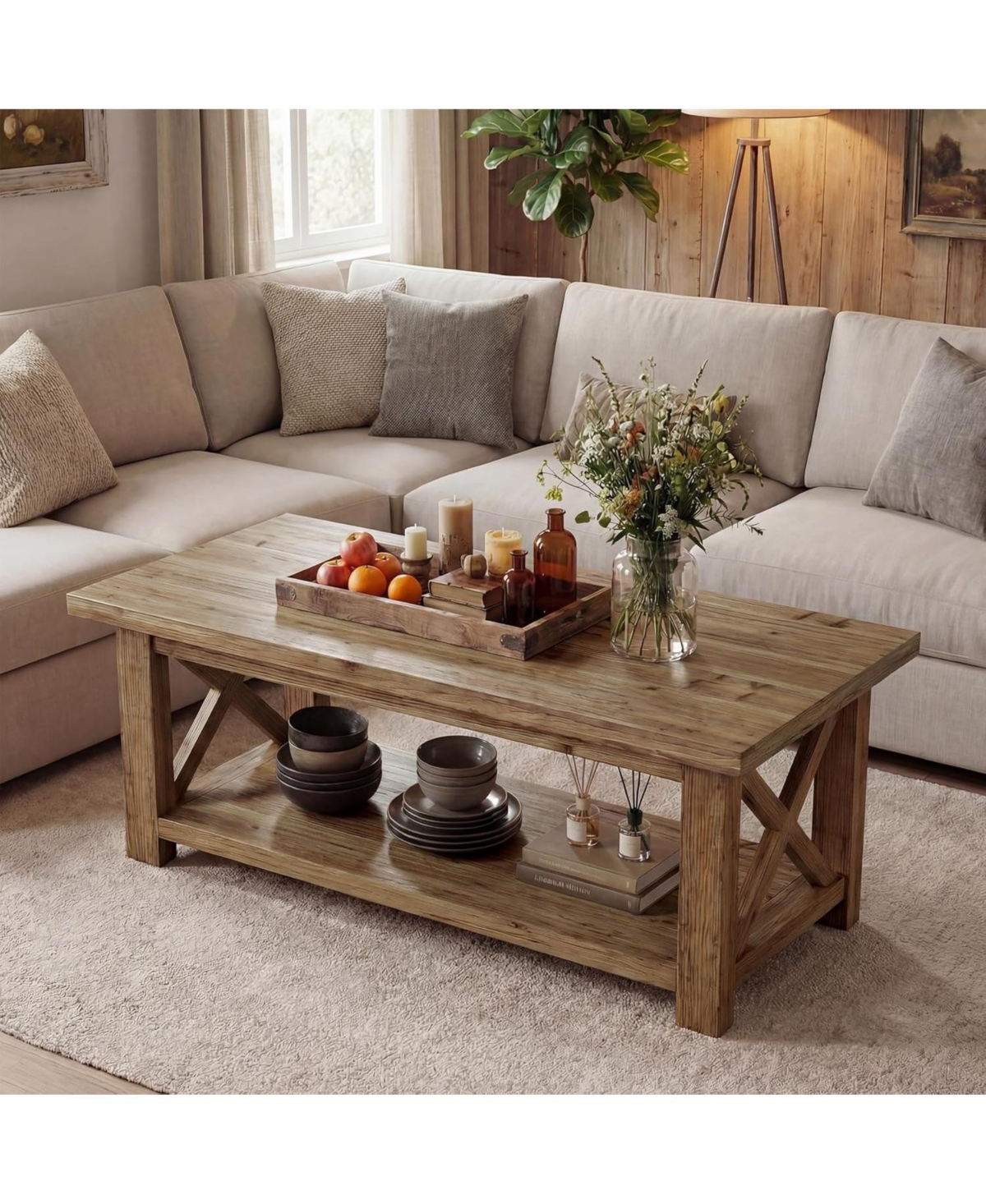 Tribesigns Solid Wood Coffee Table with X-Frame Side, 2-Tier Farmhouse Rectangular Center Table for Living Room, Accent Cocktail Tea Table