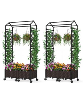 2PCS Self-Watering Planter Boxes with Lattice Trellis and Roof
