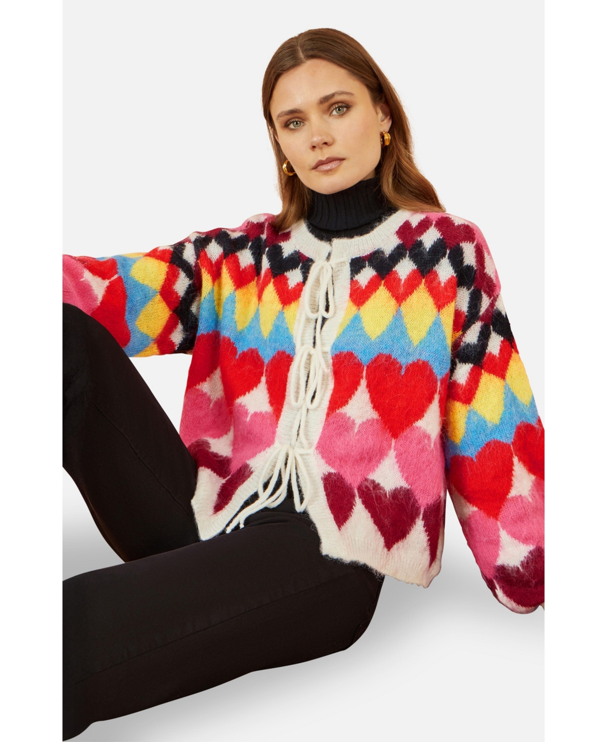 Yumi Women's Tie Front Heart Intarsia Cardigan