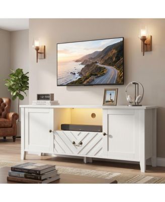 Modern Farmhouse TV Stand with LED Lighting, Storage Cabinets and Drawers - Durable Wood Entertainment Center and Media Console for Living Room