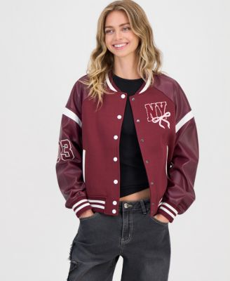 Juniors' Faux-Leather-Sleeve Bomber Jacket