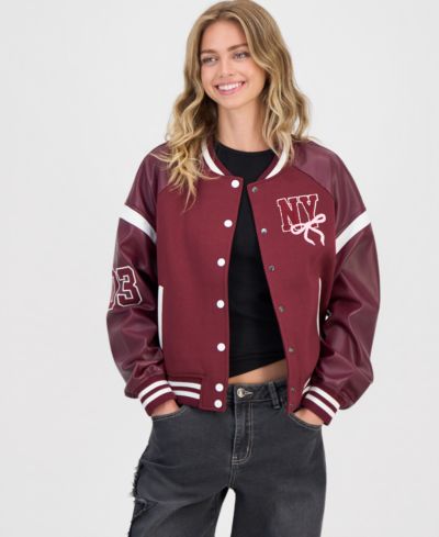 Madden Girl Juniors' Faux-Leather-Sleeve Bomber Jacket