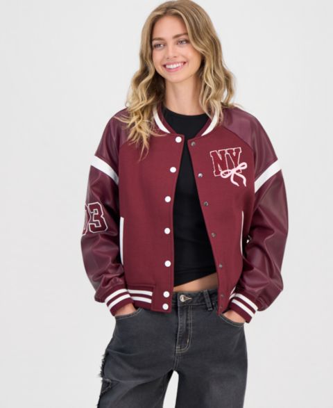 Женские куртки Madden Girl Juniors' Faux-Leather-Sleeve Bomber Jacket