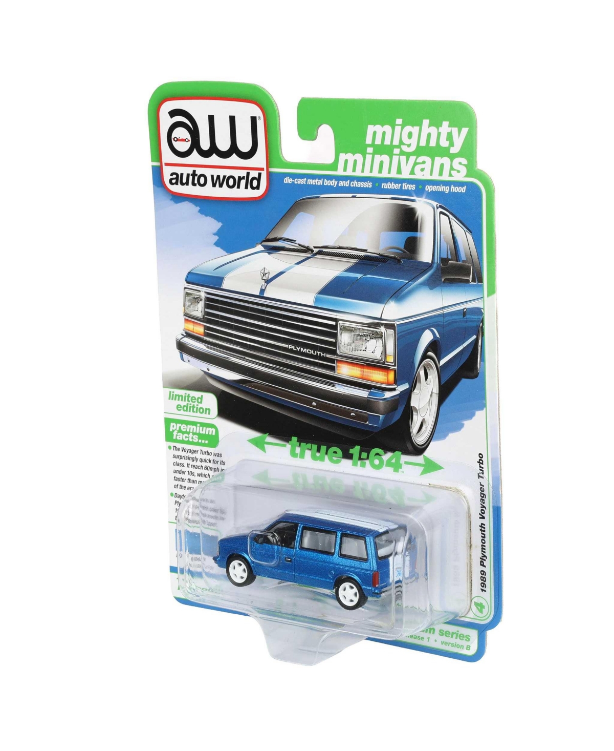 Auto World 1/64 1989 Plymouth Voyager Turbo Replica, Daytona Poly, Mighty Minivans Series