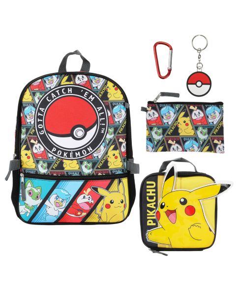 Детские сумки Pokemon Backpack, Lunch Bag, Pencil Case, Key Chain and Caraniber, 5-Piece Set, цвет: Чёрный