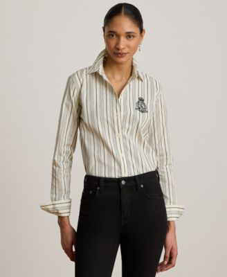 Petite Striped Collared Crest-Embroidered Shirt