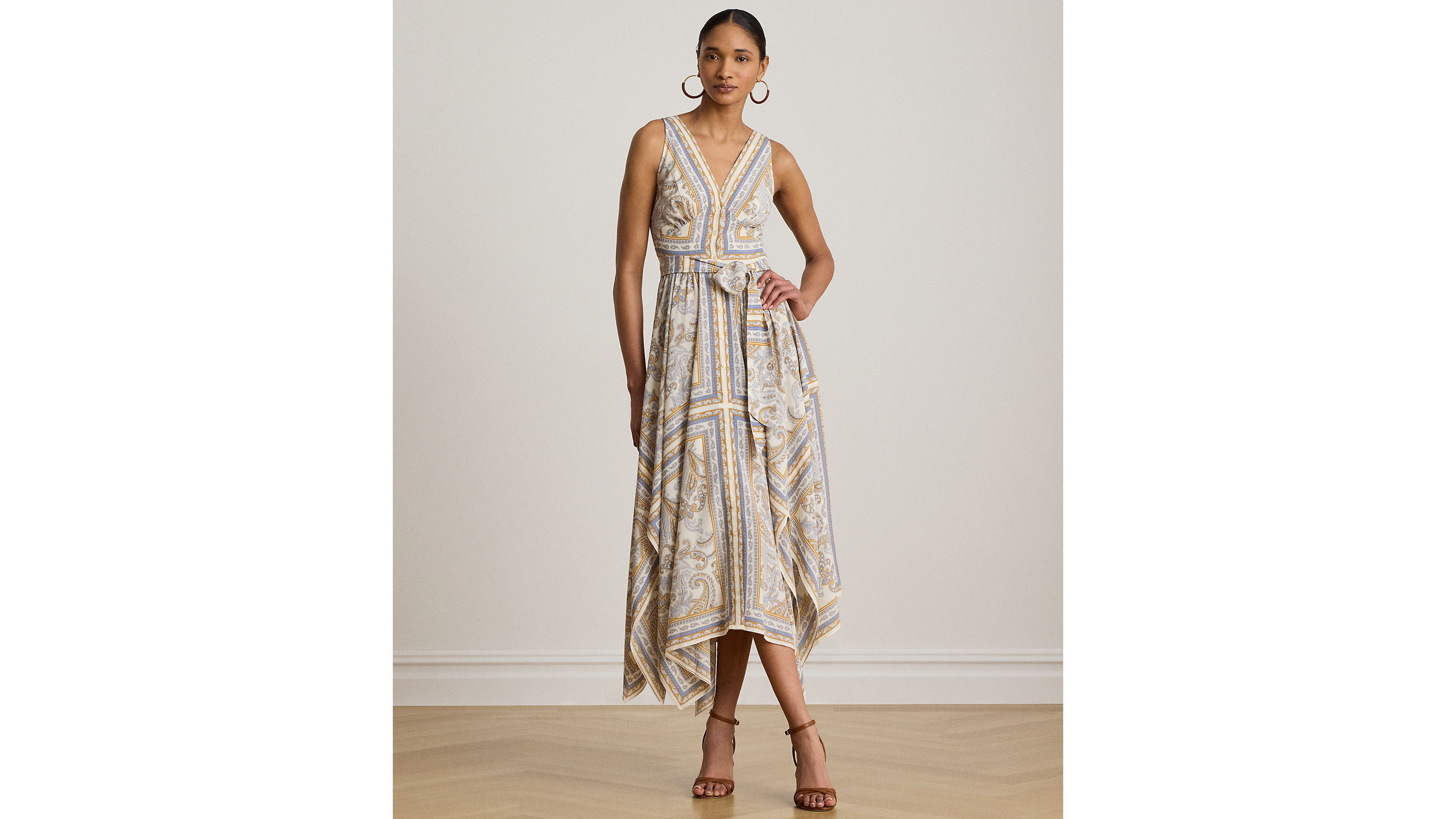 Lauren Ralph Petite V-Neck Handkerchief-Hem Dress