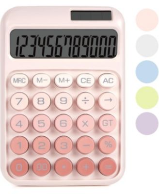 Mechanical Switch Big Button Calculator, 12 Digits Solar or Battery, Large LCD Display Cute Pink for Teachers Students