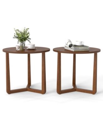 2 piece Round Side Table w/Sturdy Rubber Wood Legs Triangular Structure for Bedroom