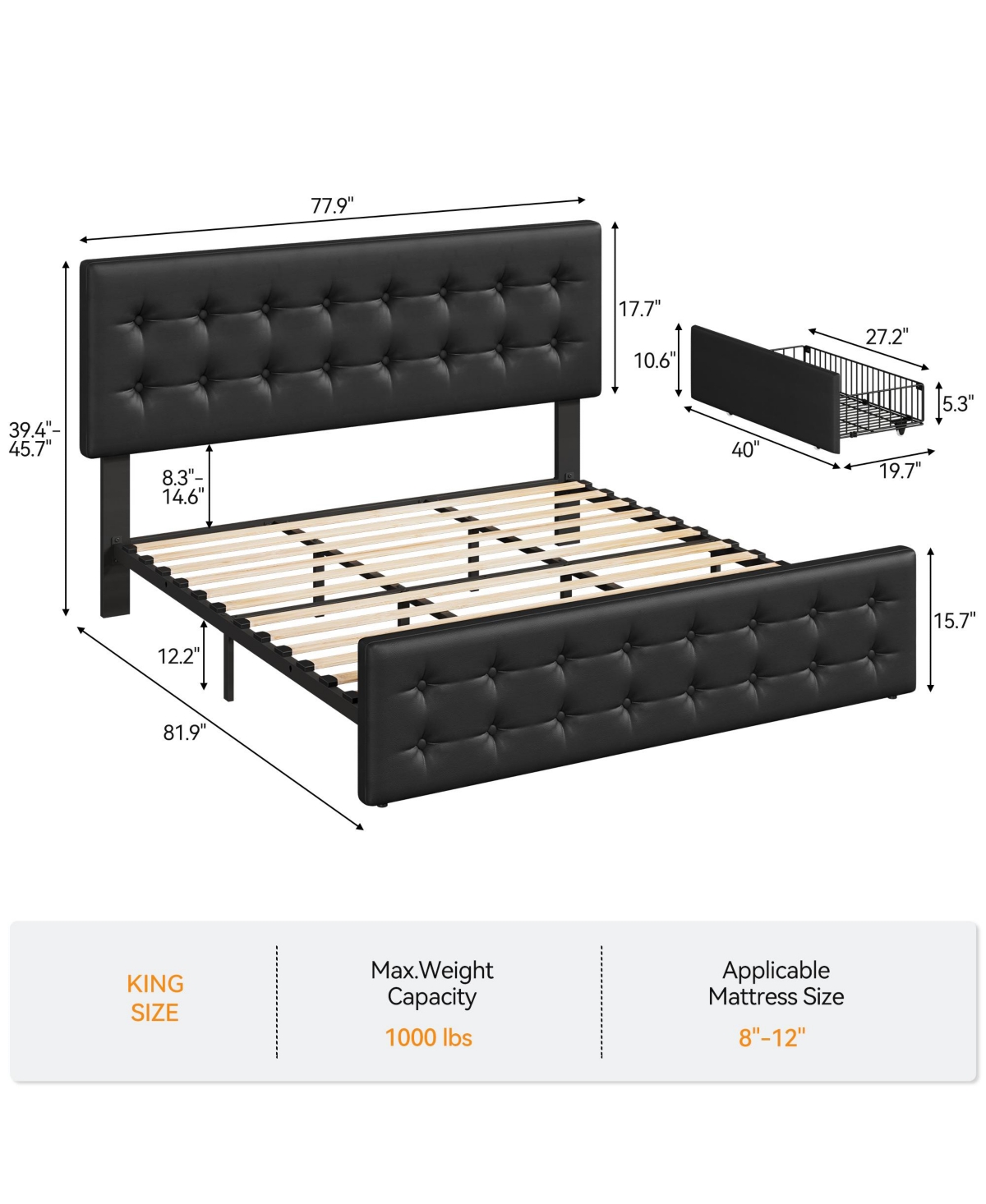 Homfan Upholstered Platform Bed Frame with 4 Storage Drawers, Button Tufted Headboard, Wooden Slats