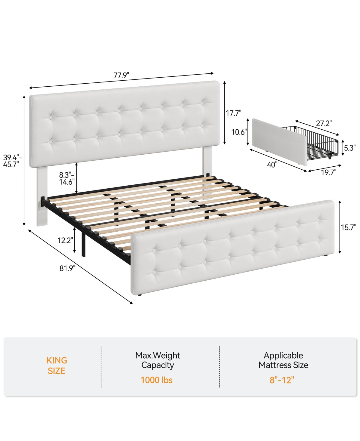 Homfan Upholstered Platform Bed Frame with 4 Storage Drawers, Button Tufted Headboard, Wooden Slats
