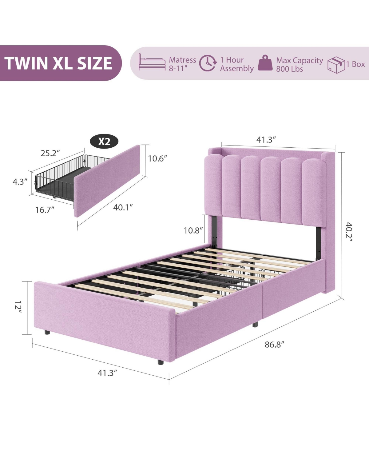homfan Upholstered Platform Bed Frame with Led Storage Headboard and 2 Drawers