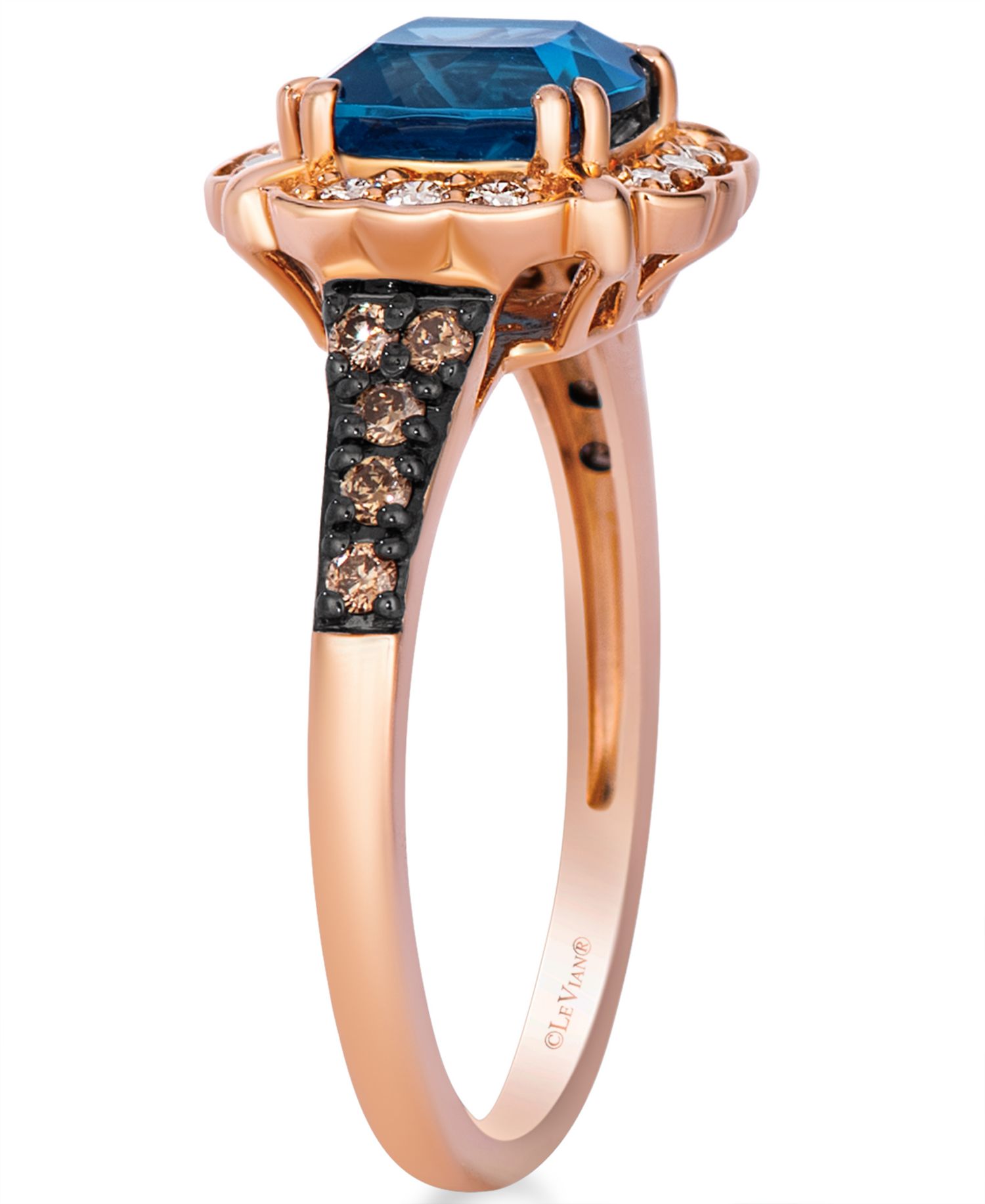 Deep Sea Blue Topaz™ cushion cut (1-5/8 ct. t.w.), Chocolate Diamond (1/6 ct. t.w.) & Nude Diamond (1/6 ct. t.w.) Ring in 14k Strawberry Gold