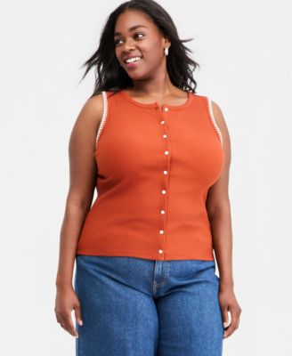 Plus Sleeveless Rib-Knit Whipstitch Button Front Top