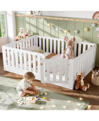 Montessori Floor Bed with High Fence and Door