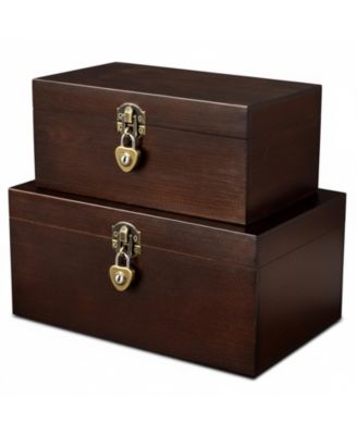 Set Of 2 Decorative Wood Storage Boxes Hinged Lid Keepsake Organizer Gift Container For Home Office