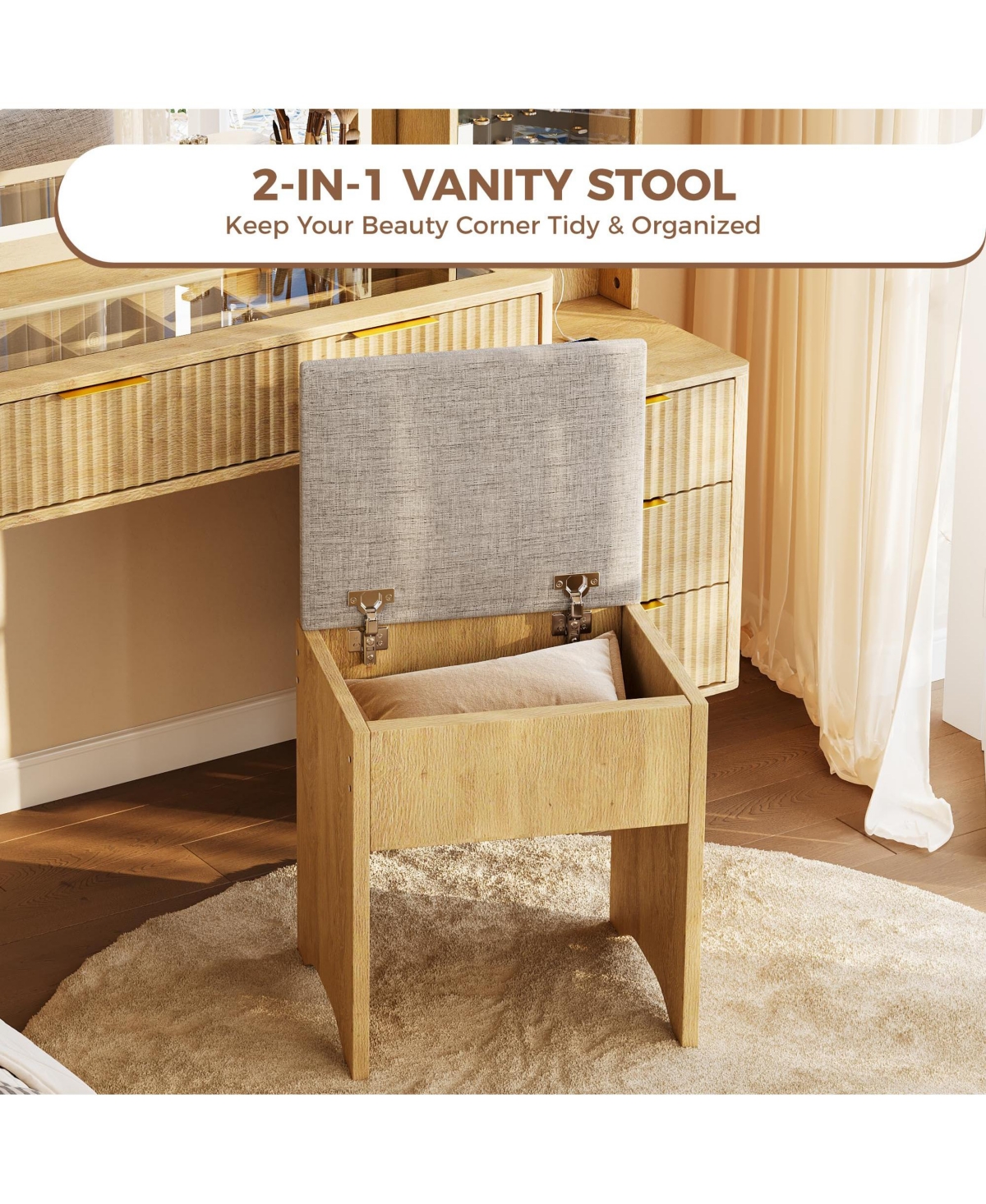 homfan Vanity Desk with Lighted Mirror, Glass Top Dressing Table Charging Station and Cushioned Storage Stool for Bedroom